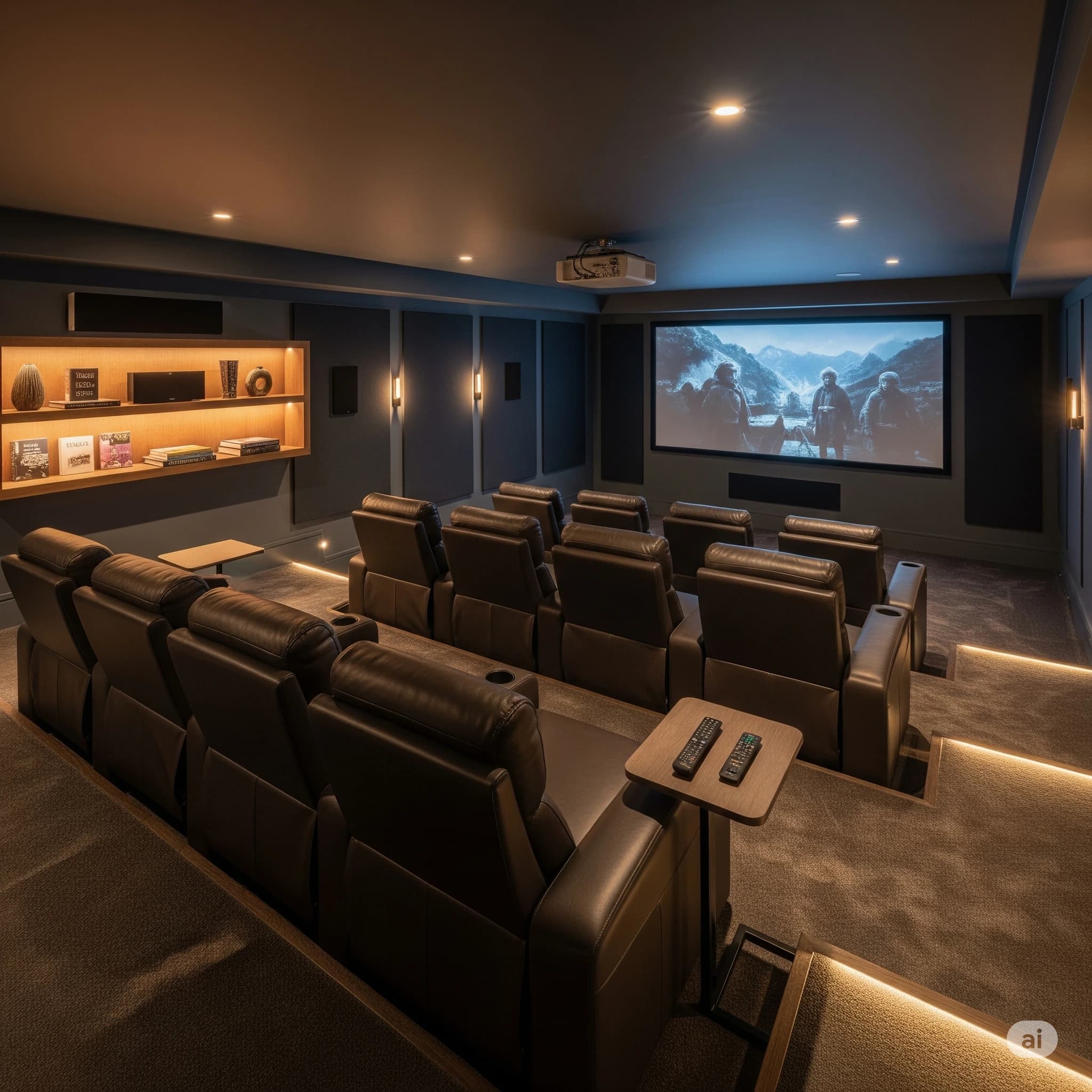 A luxurious basement home theatre with a large screen, renovated by Pomo Build