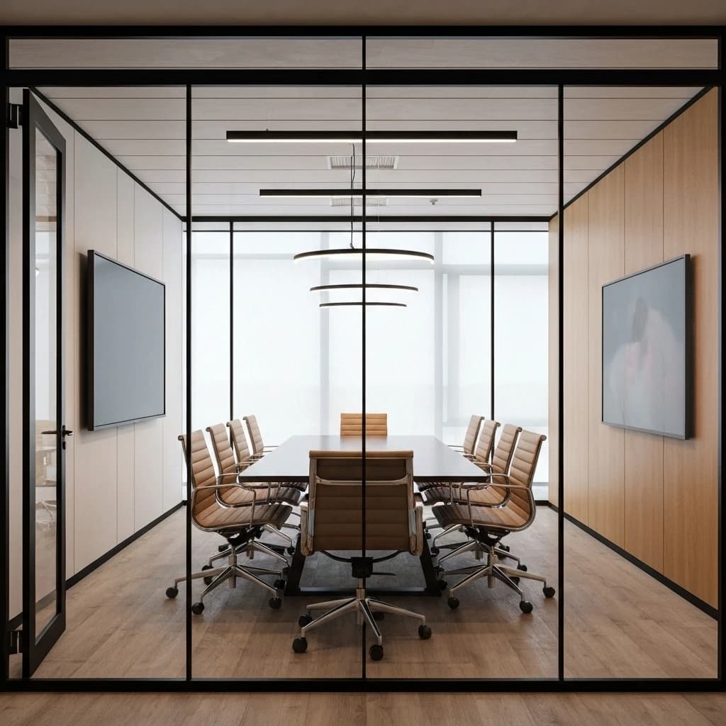 A modern, glass-walled office meeting room.