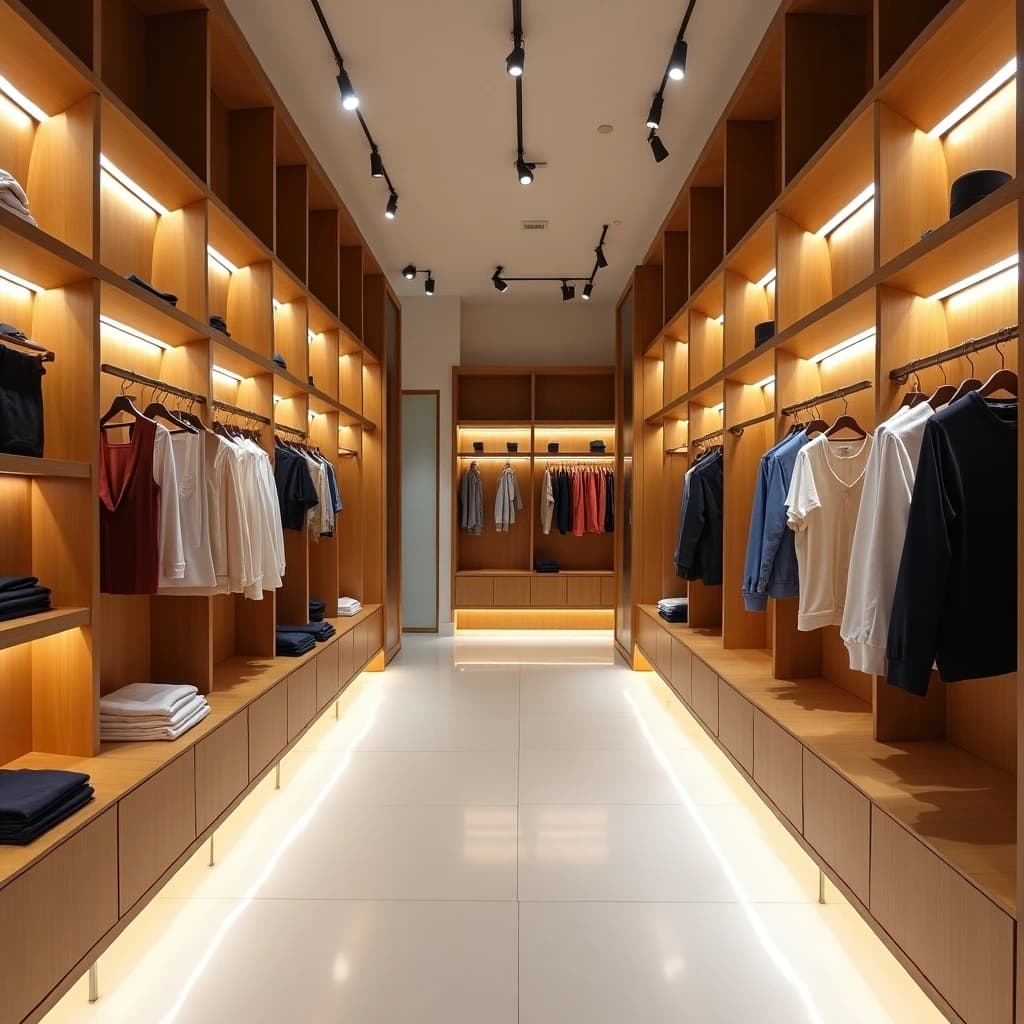 A newly completed fit-out for a high-end clothing boutique.