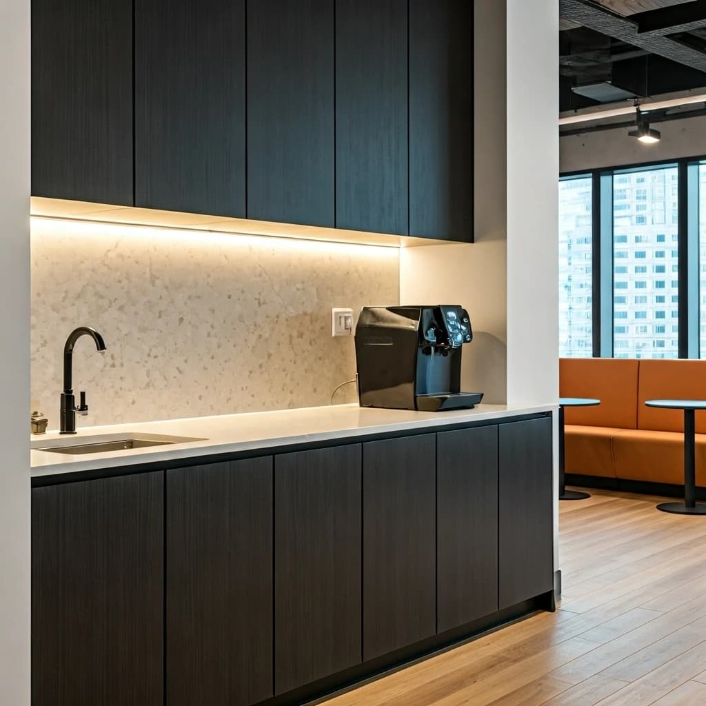 A sleek and modern office kitchenette for employees.