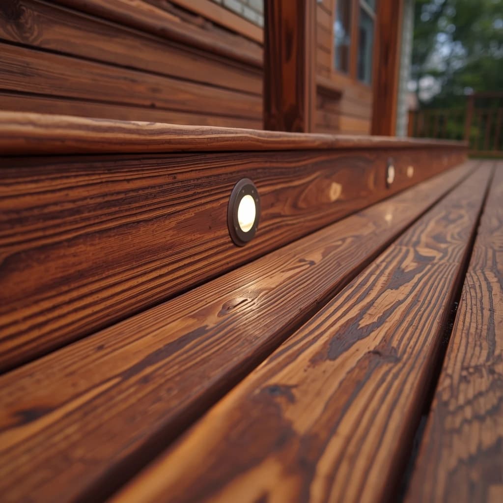 Detailed craftsmanship of a cedar deck staircase.