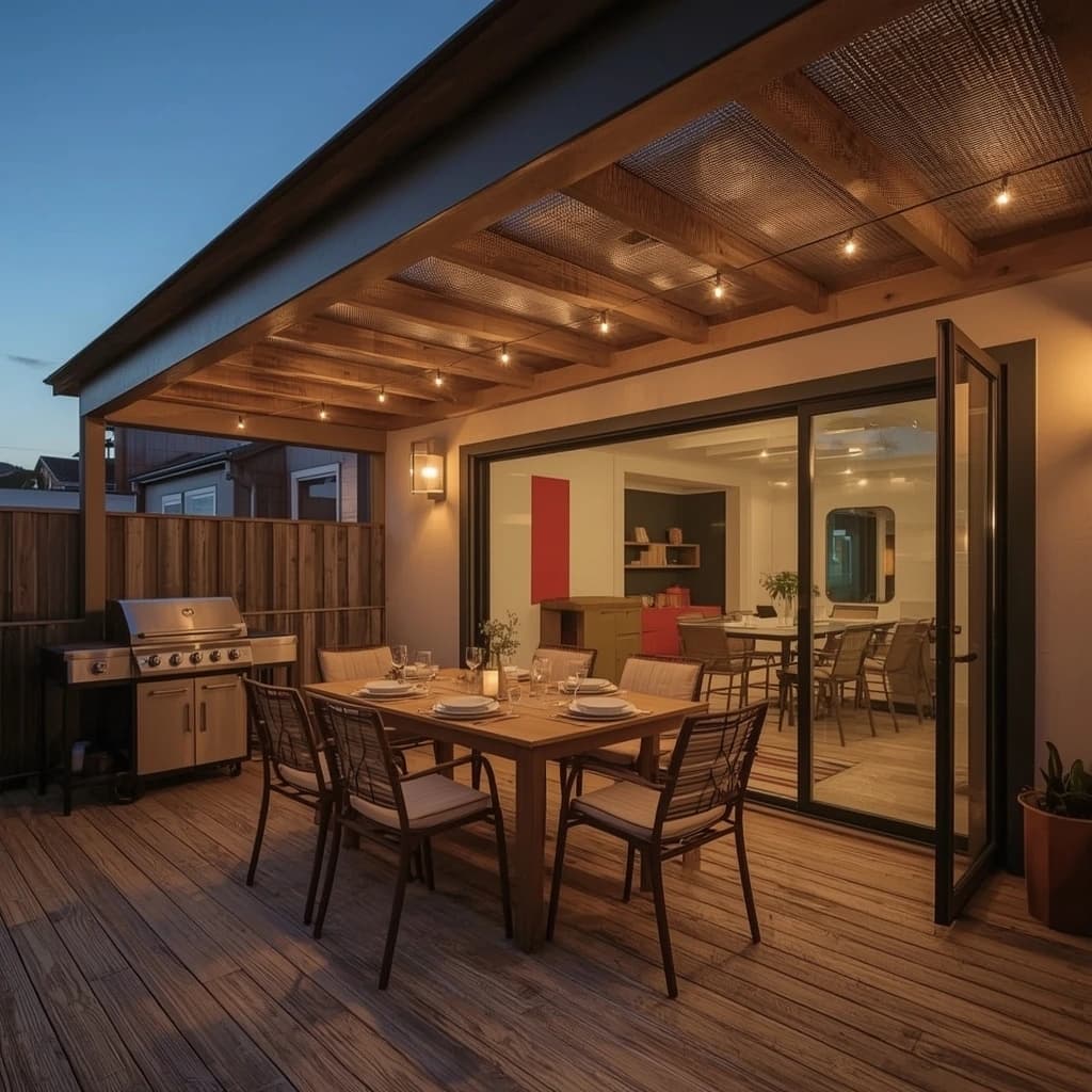 A cozy deck set up for evening entertaining with a BBQ.