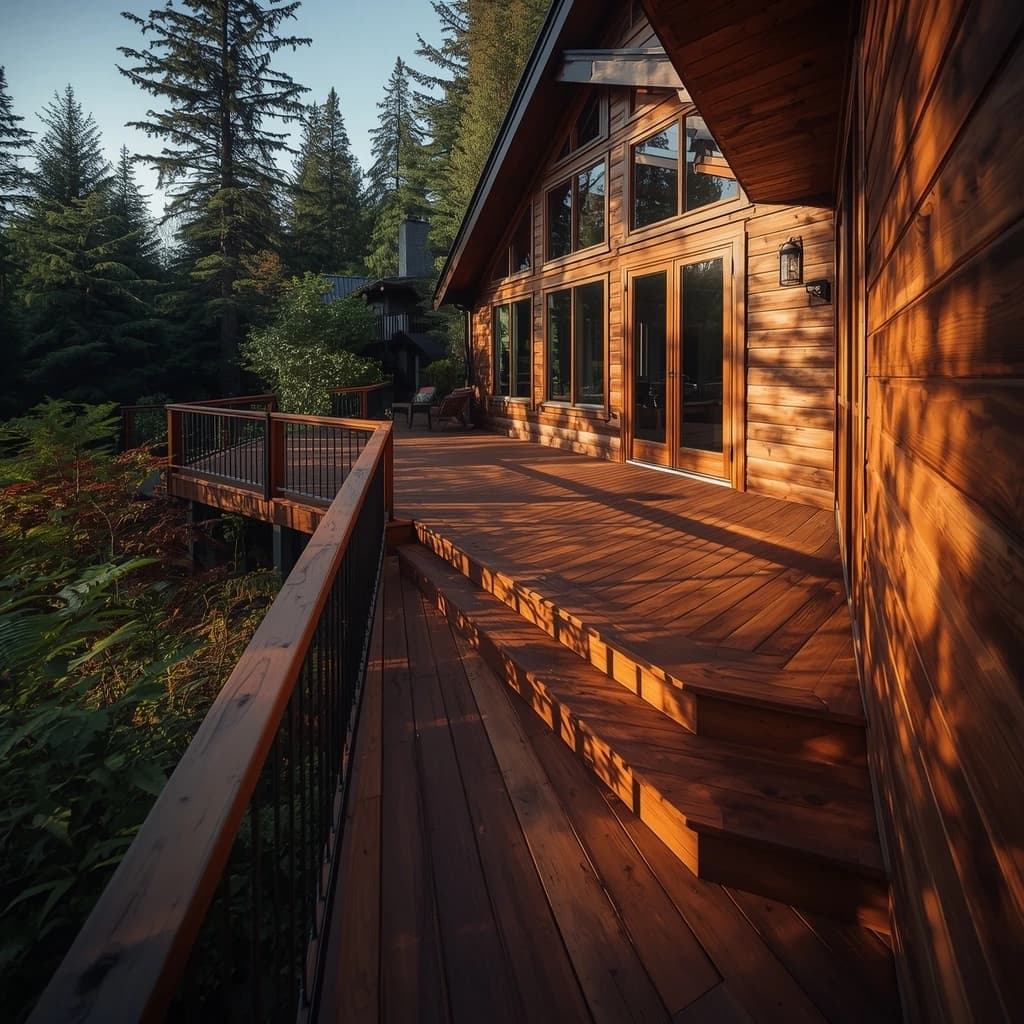 A new deck connected to a house with modern siding.