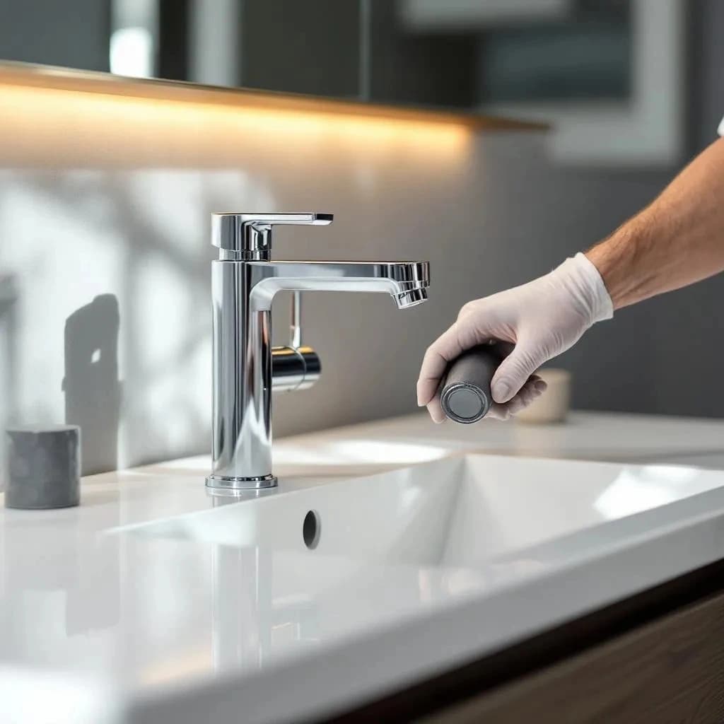 A new modern chrome faucet installed on a clean bathroom vanity.