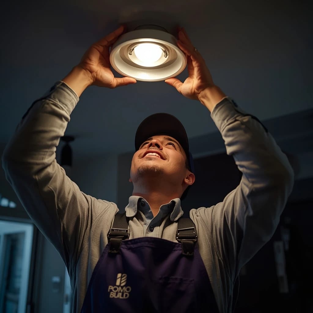 A professional Pomo Build handyman installing a new light fixture.
