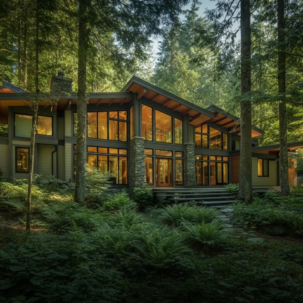 A luxurious, modern architectural home nestled in a dense, green forest in Anmore.