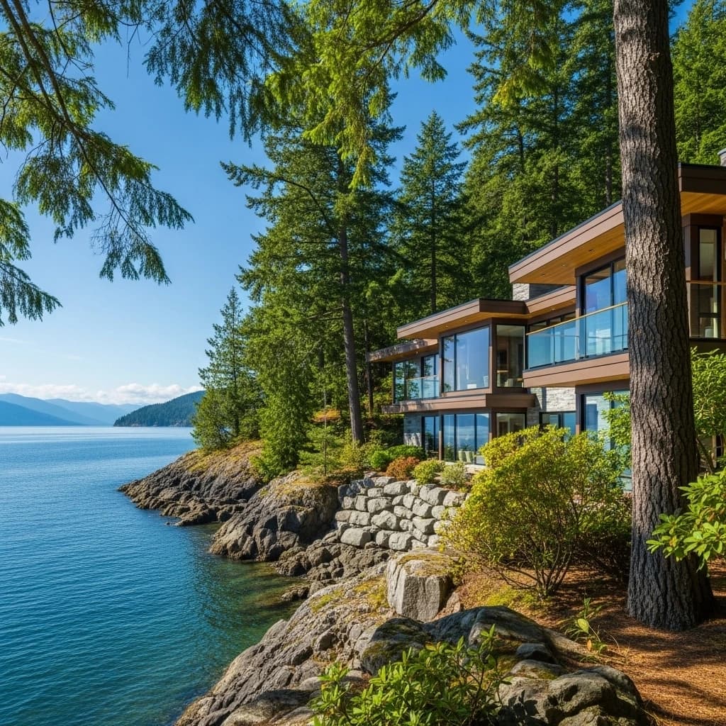A modern architectural home nestled in a forest on the Belcarra waterfront.