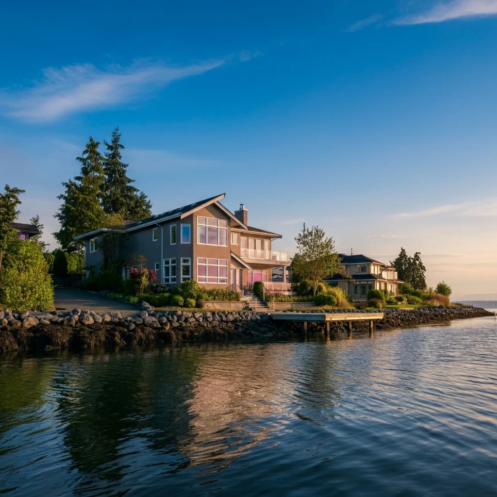 A beautiful modern family home in Ladner, Delta with a waterway in the background.