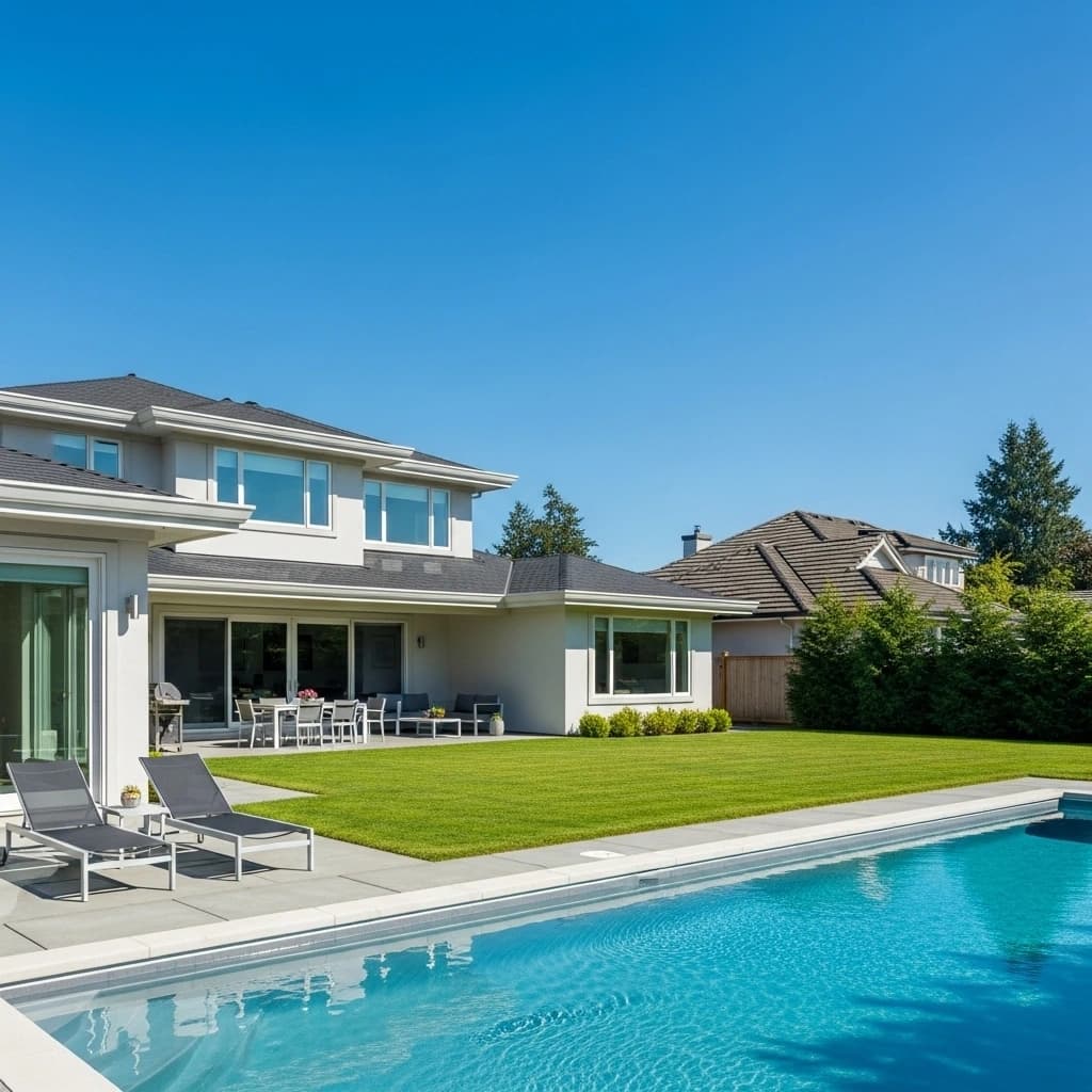 A beautiful modern home in a Tsawwassen suburb with a sunny backyard and pool.